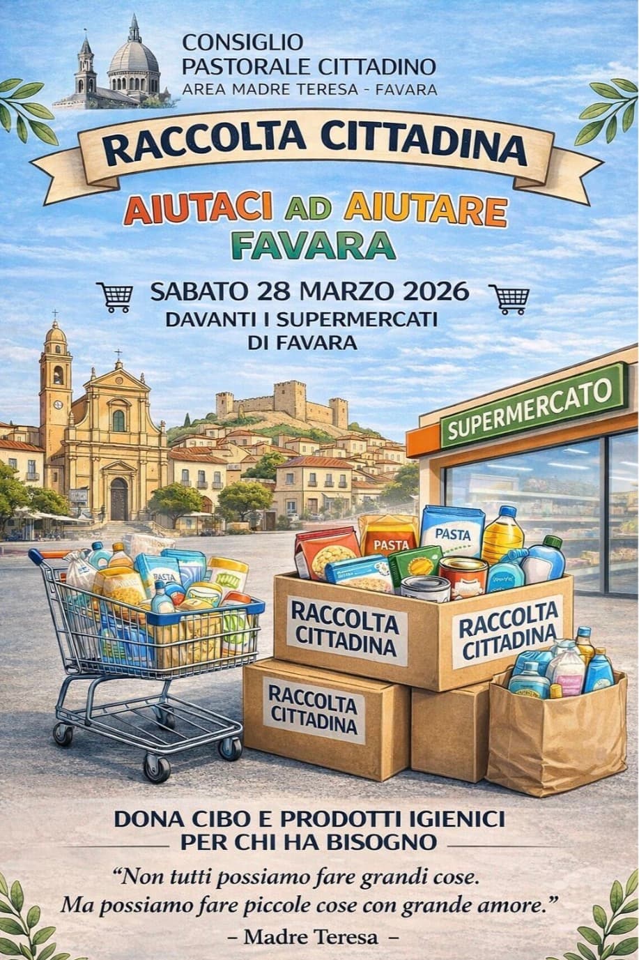 “Aiutaci ad Aiutare Favara”: Sabato 28 Marzo Raccolta Alimentare Cittadina davanti ai supermercati