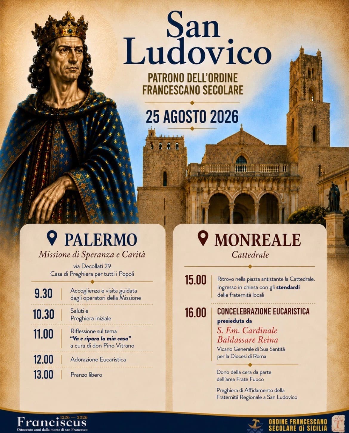 A Monreale il Cardinale Baldassare Reina presiede la festa di San Ludovico Patrono dell’OFS